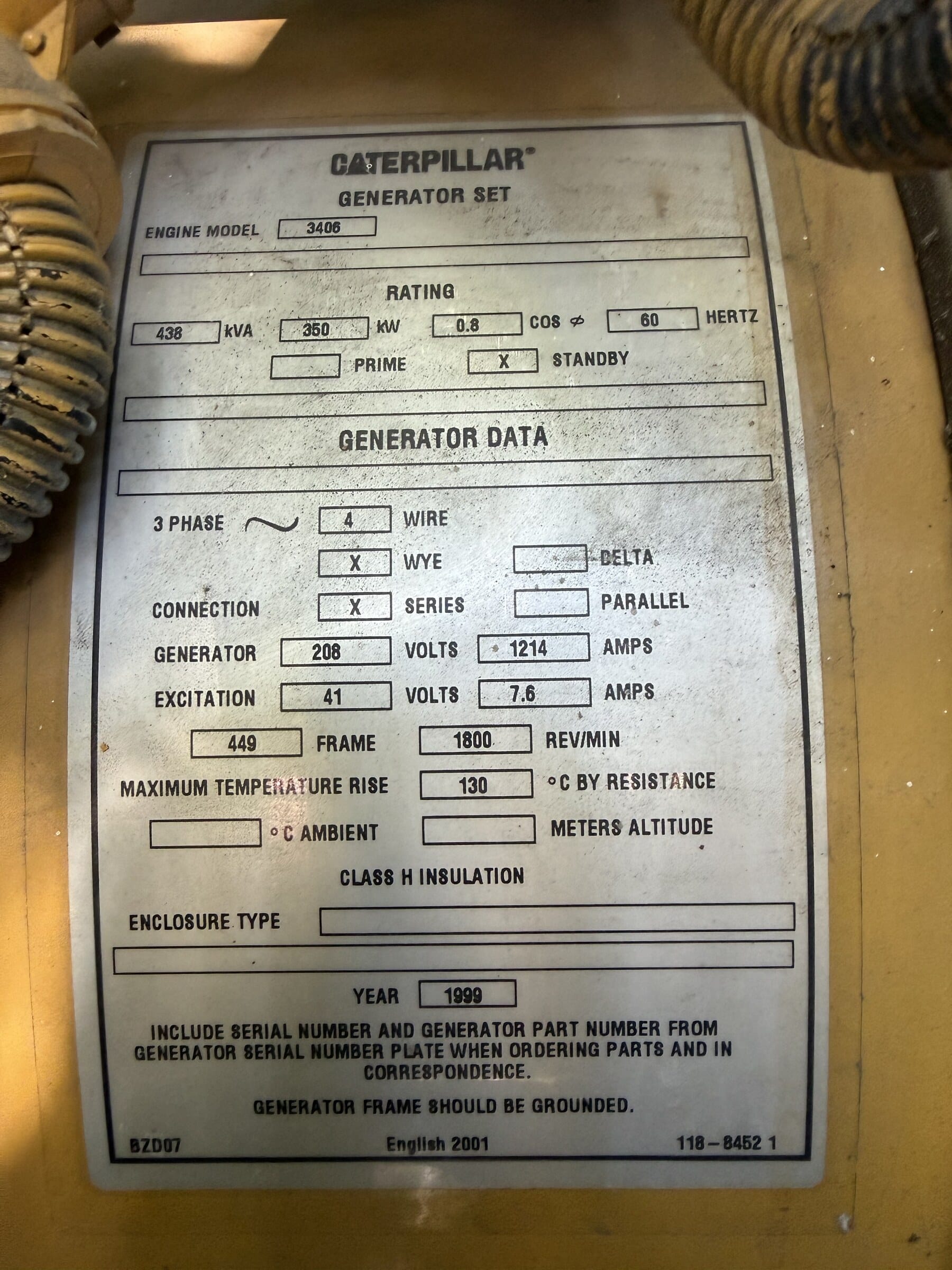 1999 Cat 3406C 350 kW diesel generator - generator set nameplate
