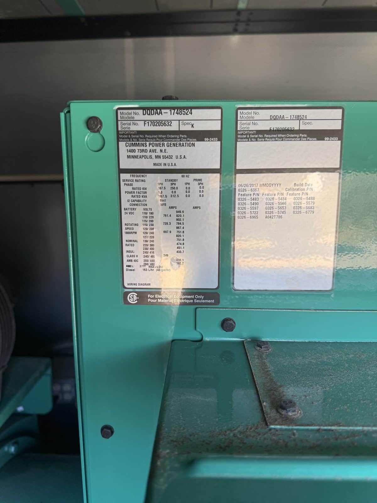 2017 Cummins 250 kW Diesel Generator