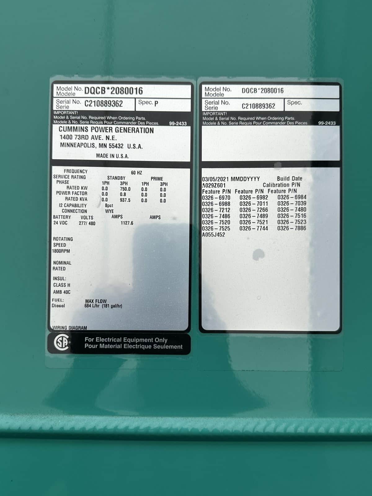 2021 Cummins 750 kW Diesel Generator